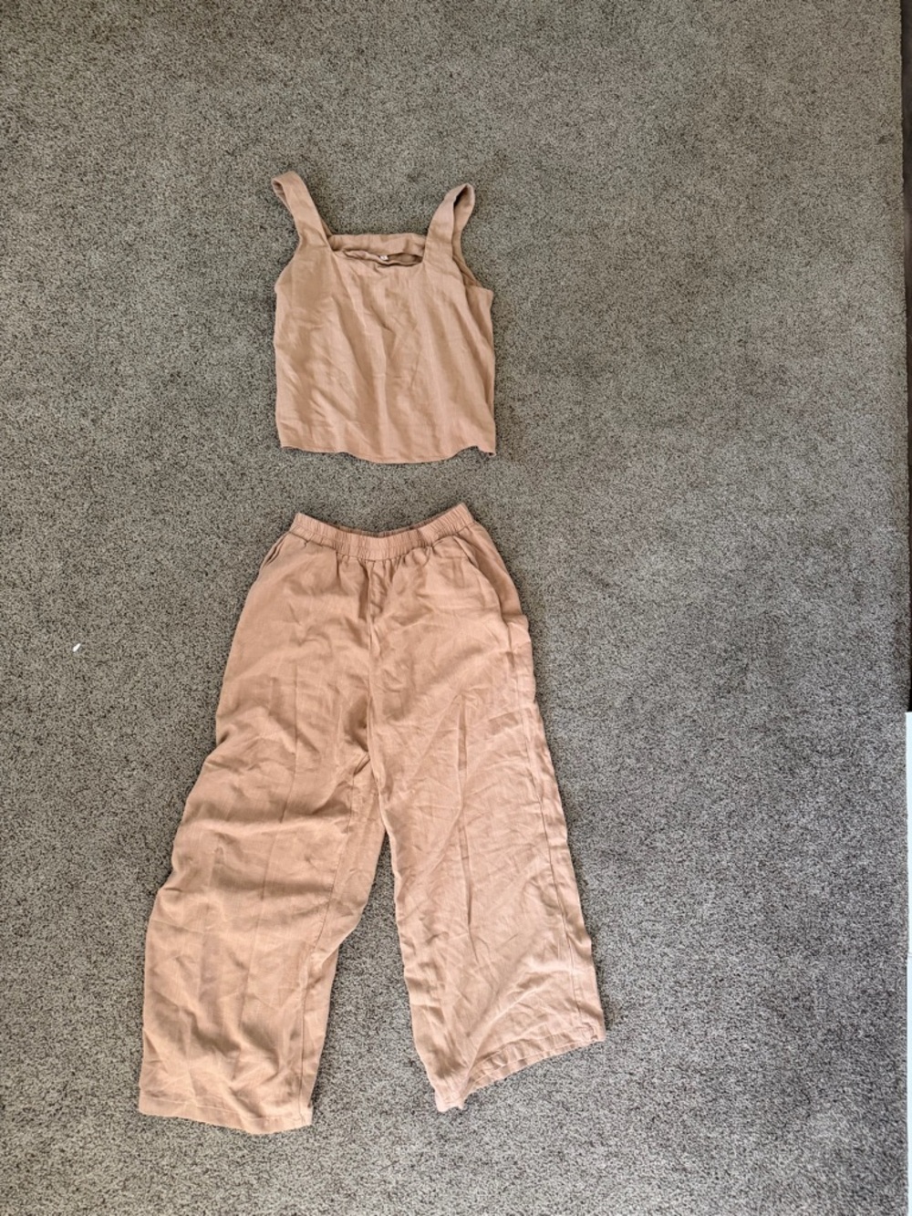 Two-Piece Peach Linen Set - Crop Tank & Wide Leg Pants